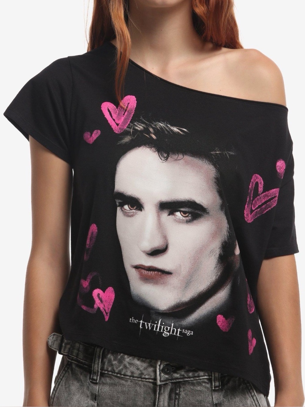 NWT The Twilight Saga Edward Jumbo Heart Girls Off-Shoulder T-Shirt Size M